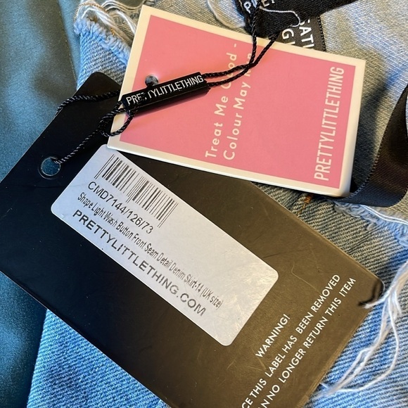 NWT Denim Skirt PLT PrettyLittleThing 10 Blue Fray High Button Jean Edgy Casual - Picture 11 of 14